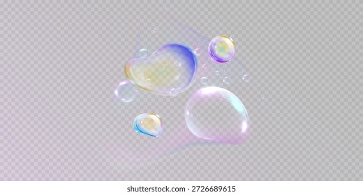 bolhas de sabão coloridas realistas para criar um design. Bolhas de sabão realísticas e transparentes isoladas no fundo transparente.