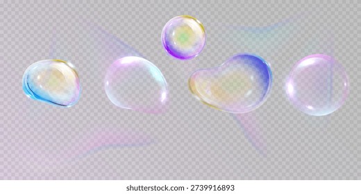 realistic colorful soap bubbles to create a design. Transparent realistic soap bubbles isolated on transparent background.