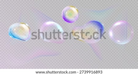 realistic colorful soap bubbles to create a design. Transparent realistic soap bubbles isolated on transparent background.