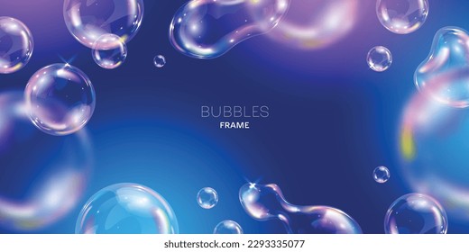 Realistic colorful soap bubbles on blue background frame vector illustration