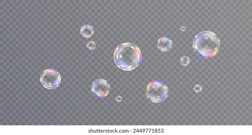 Realistic colorful soap bubbles with rainbow reflections and highlights. Vector illustration.