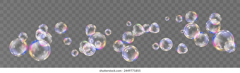 Realistic colorful soap bubbles with rainbow reflections and highlights. Vector illustration.
