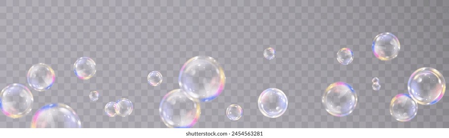 Realistic colorful soap bubbles with rainbow reflections and highlights. Vector illustration.	
