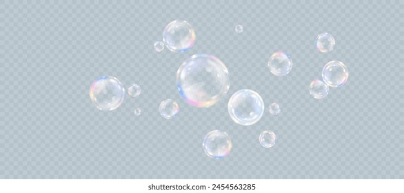 Realistic colorful soap bubbles with rainbow reflections and highlights. Vector illustration.	
