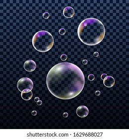 Realistic colorful soap bubbles, set of design elements isolated on transparent background. Vector illustration