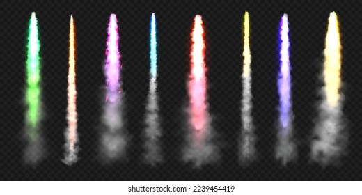 Realistic colorful space rocket trails. Festive fireworks launch. Fire burst, explosion. Missile or bullet trail. Jet aircraft tracks. Smoke clouds, fog. Steam flow. Vector illustration