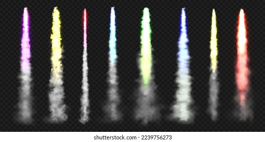 Realistic colorful space rocket trails. Festive fireworks launch. Fire burst, explosion. Missile or bullet trail. Jet aircraft tracks. Smoke clouds, fog. Steam flow. Vector illustration