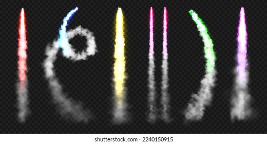 Realistic colorful space rocket trails. Festive fireworks launch. Fire burst, explosion. Missile or bullet trail. Jet aircraft tracks. Smoke clouds, fog. Steam flow. Vector illustration