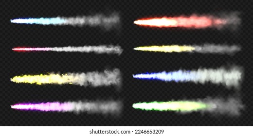 Realistic colorful space rocket trails. Festive fireworks launch. Fire burst, explosion. Missile or bullet trail. Jet aircraft tracks. Smoke clouds, fog. Steam flow. Vector illustration