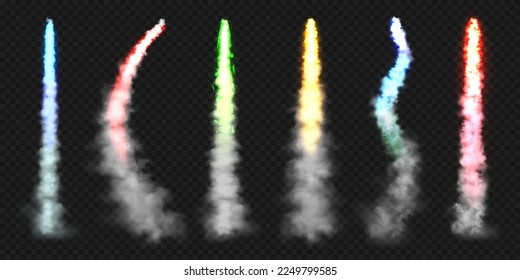 Realistic colorful space rocket trails. Festive fireworks launch. Fire burst, explosion. Missile or bullet trail. Jet aircraft tracks. Smoke clouds, fog. Steam flow. Vector illustration
