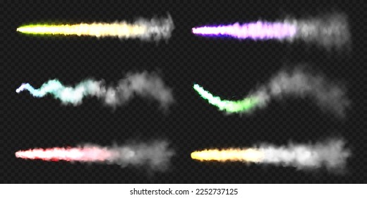 Realistic colorful space rocket trails. Festive fireworks launch. Fire burst, explosion. Missile or bullet trail. Jet aircraft tracks. Smoke clouds, fog. Steam flow. Vector illustration