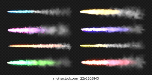 Realistic colorful space rocket trails. Festive fireworks launch. Fire burst, explosion. Missile or bullet trail. Jet aircraft tracks. Smoke clouds, fog. Steam flow. Vector illustration