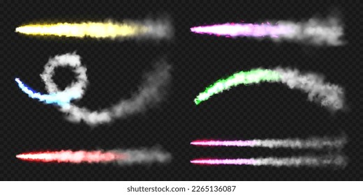Realistic colorful space rocket trails. Festive fireworks launch. Fire burst, explosion. Missile or bullet trail. Jet aircraft tracks. Smoke clouds, fog. Steam flow. Vector illustration