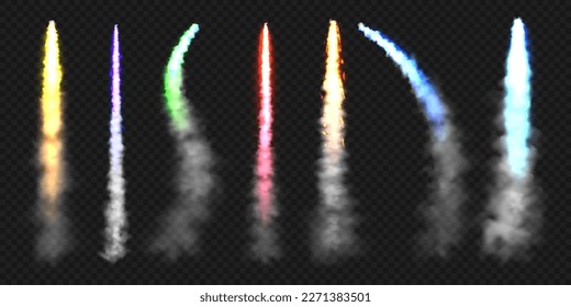 Realistic colorful space rocket trails. Festive fireworks launch. Fire burst, explosion. Missile or bullet trail. Jet aircraft tracks. Smoke clouds, fog. Steam flow. Vector illustration
