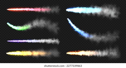 Realistic colorful space rocket trails. Festive fireworks launch. Fire burst, explosion. Missile or bullet trail. Jet aircraft tracks. Smoke clouds, fog. Steam flow. Vector illustration
