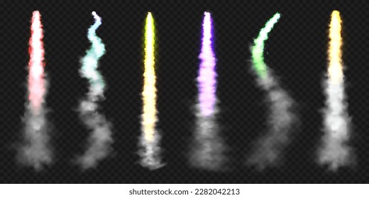 Realistic colorful space rocket trails. Festive fireworks launch. Fire burst, explosion. Missile or bullet trail. Jet aircraft tracks. Smoke clouds, fog. Steam flow. Vector illustration