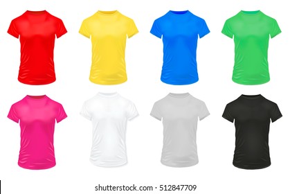 Realistic colorful sports shirts icon set for men isolated and in bright colors vector illustration