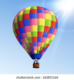 Realistic colorful striped flying air balloon with basket with blue sky background vector illustration