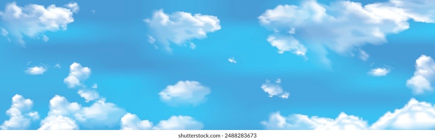 Realistic colorful summer sky with clouds. Blue sky white fluffy clouds with sun.