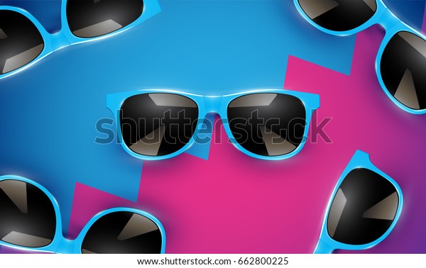 Realistic colorful sunglasses with\
different divided zigzag background, vector\
illustration