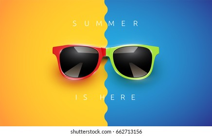 Realistic colorful sunglasses on divided background with text, vector illustration