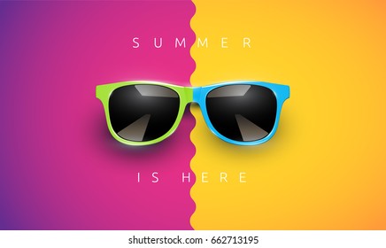 Realistic colorful sunglasses on divided background with text, vector illustration