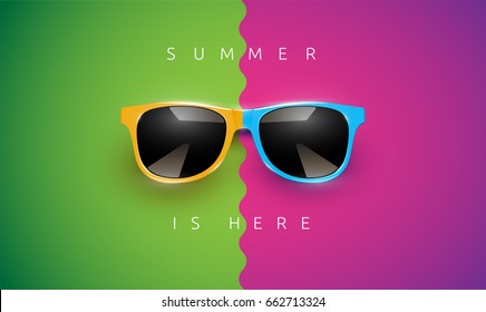 Realistic colorful sunglasses on divided background with text, vector illustration