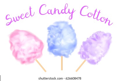 Realistic colorful sweet candy cotton isolated on white. Vector illustration.