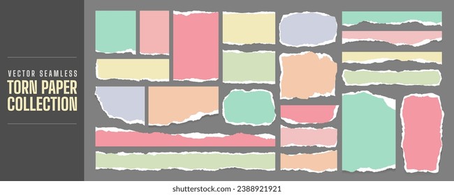 Realistic colorful torn or ripped paper sheets and newspaper clip art collection. Office tear notebook, text message label and grunge paper texture art. Torn paper ornament design for social media.