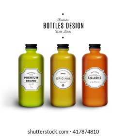 Realistic Colorful Vector Bottles with Vintage Labels. Product Packaging Design. Plastic Container Mock Up.