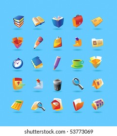 Realistic colorful vector icons set for office and stationery on light blue background