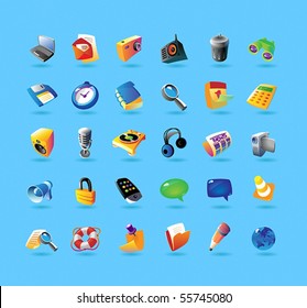 Realistic colorful vector icons set for computer program and website interface on light blue background