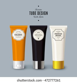 Realistic Colorful Vector Tubes with Vintage Labels. Product Packaging Design. Plastic Container Mock Up.