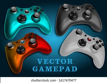 Realistic colorful wireless gamepad or joystick. Video game controller on blue background. Layered vector icon set.