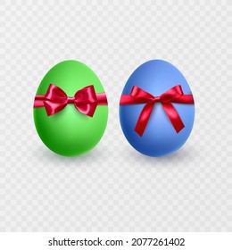 Realistic coloring egg tied a red ribbon with a bow. With shadow on white background
