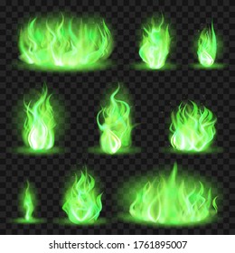 Realistic coloured fire. Green fiery blaze, magic game flaming flame, color burning spurts of flame vector illustration icons set. Green toxic burning, game blaze coloured collection