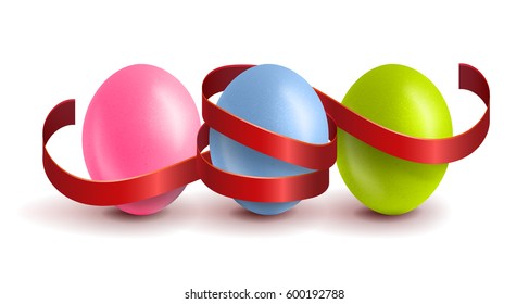 Realistic, colourful Easter eggs with a red ribbon. Greeting card of happy Easter. Vector illustration.