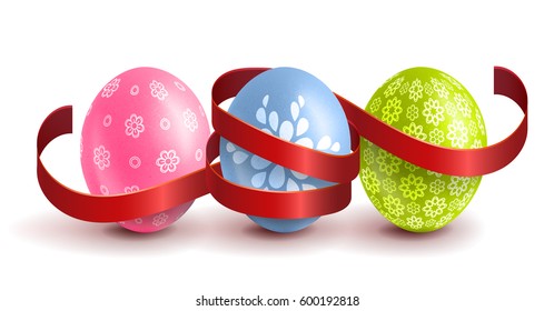 Realistic, colourful Easter eggs with a red ribbon. Greeting card of happy Easter. Vector illustration.