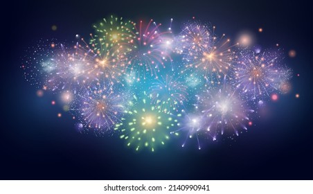 Realistic colourful fireworks burst in night sky background. Summer festival, anniversary or christmas celebration. Firework vector effect. New year or birthday holiday event with explosion
