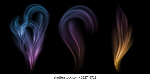 Realistic colourful smoke isolated on a black background. Vector illustration. 