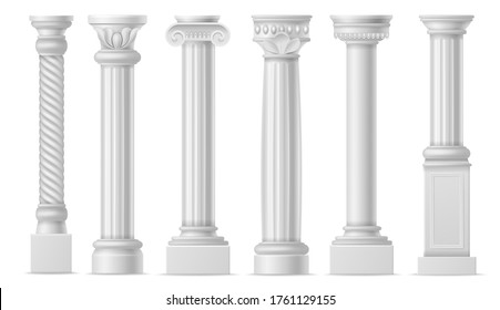 Realistic column. Classic antique white columns, roman historical stone pillars, marble pillar ancient greece architecture colonnade vector isolated elements set