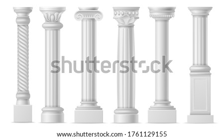 Realistic column. Classic antique white columns, roman historical stone pillars, marble pillar ancient greece architecture colonnade vector isolated elements set