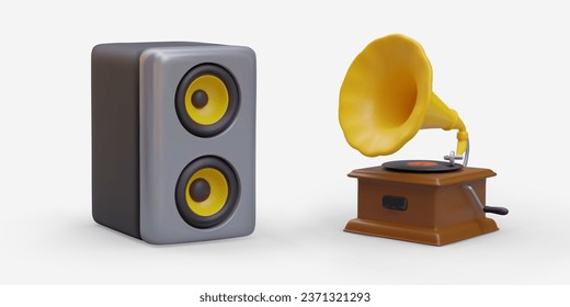 Realistic column and gramophone. Modern and vintage equipment for broadcasting music. Icon set. Color vector illustration. Detailed image with shadows