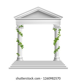 Realistic columns decorated green leaves with roof and base with stairs composition on white background vector illustration