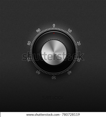Realistic combination safe lock metal and plastic element on textured black background. Stainless steel round control. White scale. Vector icon or design element