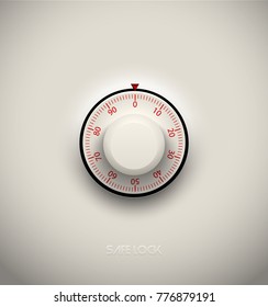 Realistic combination safe lock plastic element on white background. Red round scale. Vector icon or design element.