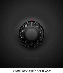 Realistic combination safe lock volume element on textured plastic black background. White round scale. Vector security icon or dark design element.