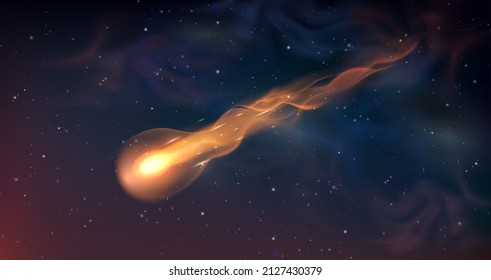 Realistic comet or falling meteor with trail in night sky with stars. Burning shooting star with glowing gas tail. Space vector. Meteor light falling, asteroid effect sparkle in cosmos illustration