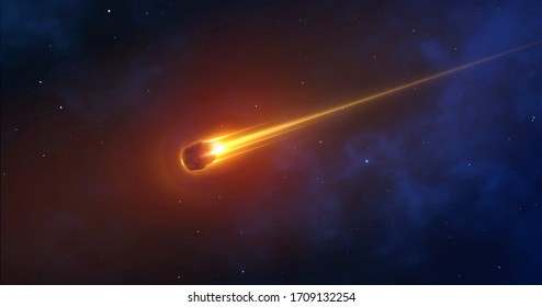 Realistic comet, meteorite, an asteroid in motion burns against the background of outer space. 3d object vector illustration. Bullet burns with fire