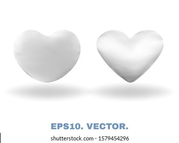 Realistic, comfort, bed pillows - hearts with soft shadows. White blank 3d cushions, isolated on snow white background. Design template for your projects, mockups and graphics. Vector illustration kit